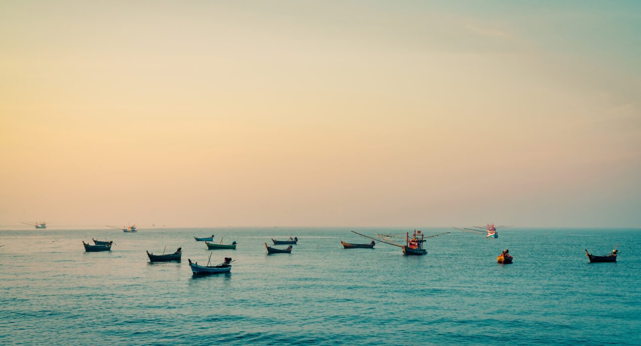 Fishing Boat With Beautiful Sunset Sky. Fishing Boat Anchored At